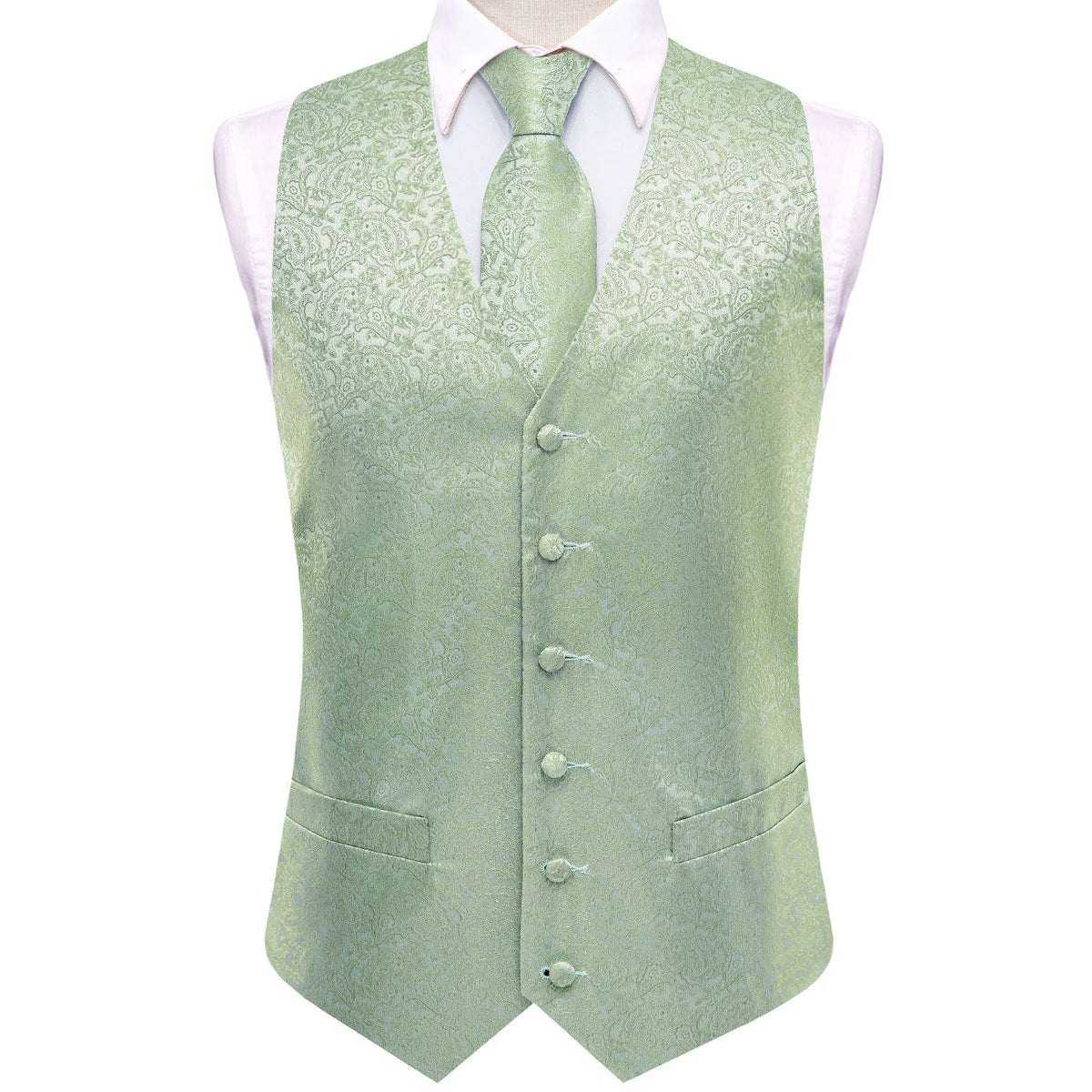 Men's Paisley Vest Set – Mint Green Formal Waistcoat with Tie, Pocket Square & Cufflinks for Weddings