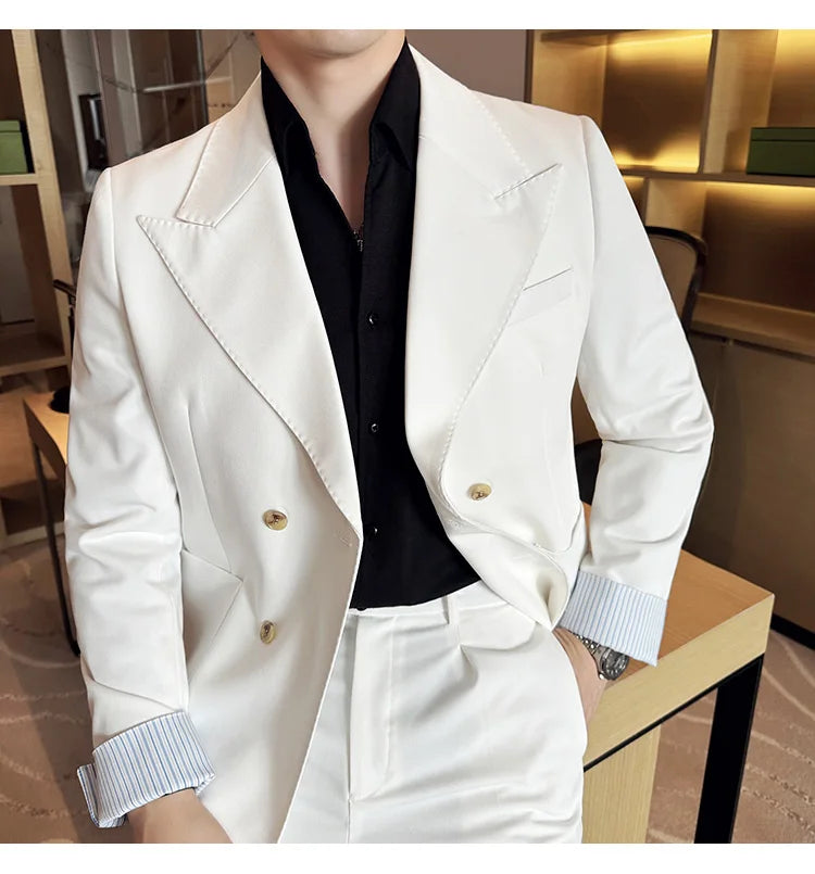 Korean Style Double Breasted Suit Jacket for Men Fashion Casual Business Suit Jackets Office Social Banquet Blazer Masculino