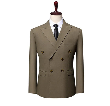 New Men's Double Breasted Khaki Coffee Suit Jacket Slim Fit Formal Business Blazer with Black Tie Wedding Party Office Outerwear