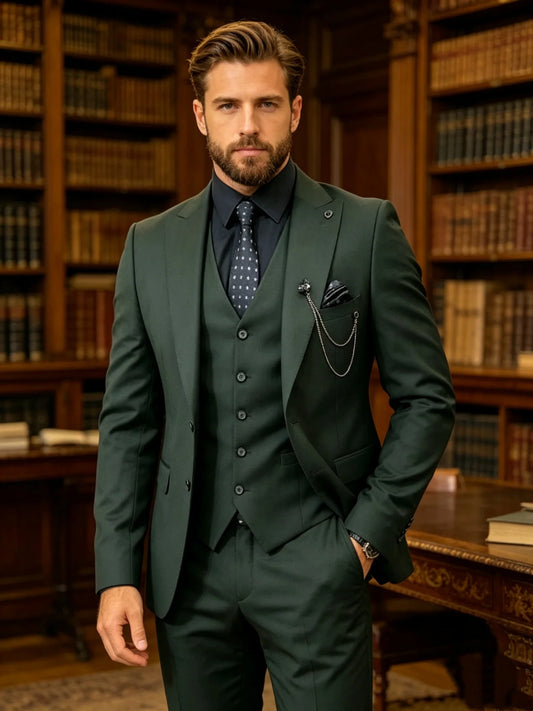Elegant 3 Piece Dark Green Men's Slim Fit Tuxedo Suit Peak Lapel Blazer Vest Pants Set for Wedding Party Prom Business Outfits