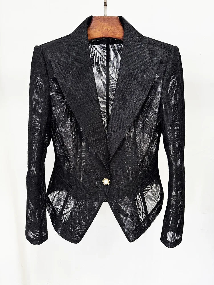 2026 Spring New Women Blazer Sheer Mesh Embroidery Waist Cinching Slim Fit Single Button Elegant Sexy Luxury Jacket HK18562