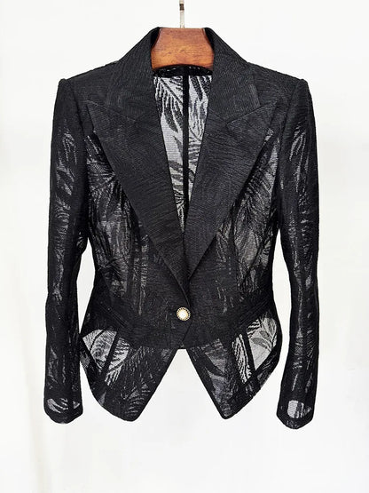 2026 Spring New Women Blazer Sheer Mesh Embroidery Waist Cinching Slim Fit Single Button Elegant Sexy Luxury Jacket HK18562