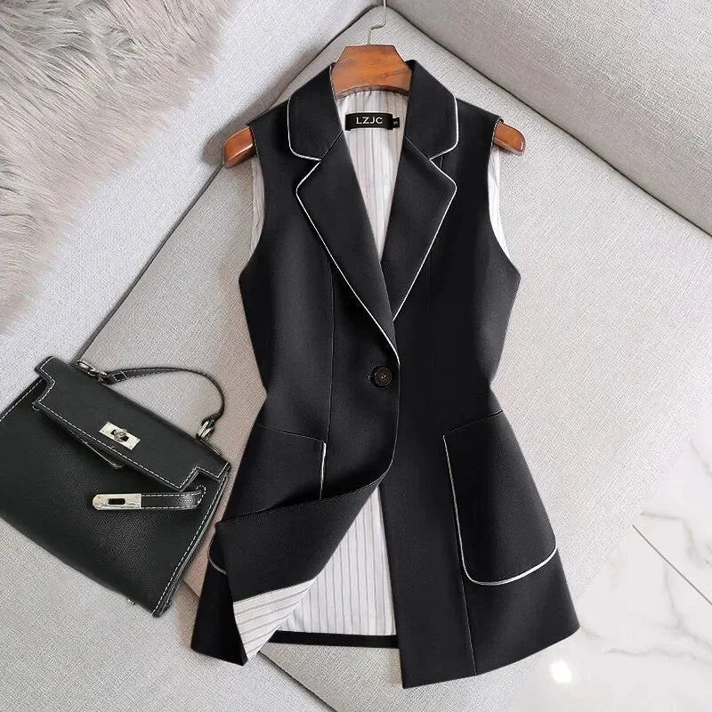 2026 Spring Autumn Women Vintage Long Blazer Vest Chic Single Button Sleeveless Suit Female Jacket Outwear Waistcoat Tops