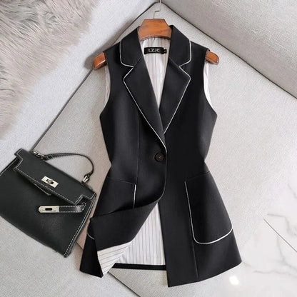 2026 Spring Autumn Women Vintage Long Blazer Vest Chic Single Button Sleeveless Suit Female Jacket Outwear Waistcoat Tops