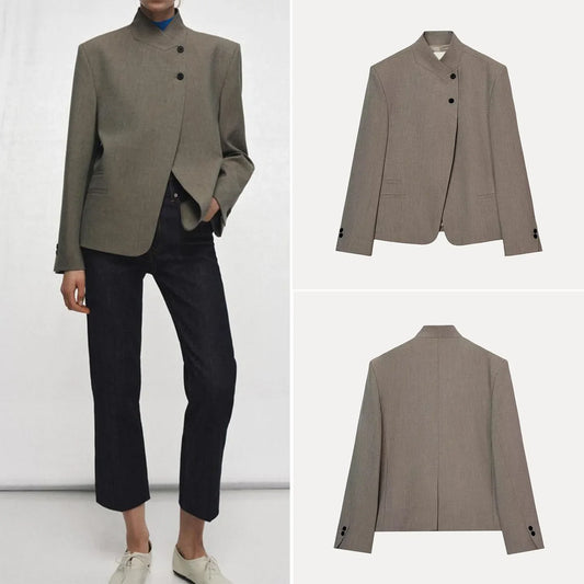 Fashionable High Collar Suit Jacket Women's Spring 2026 Personality Matching Daily Versatile Standard Fit Long Sleeve Button up