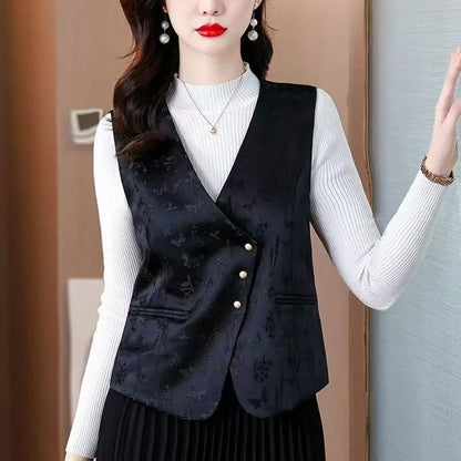 Middle-aged Mother New Chinese Style Black Vests 2026 New Spring Autumn Casual Sleeveless Waistcoat Women Retro Blazers Vest