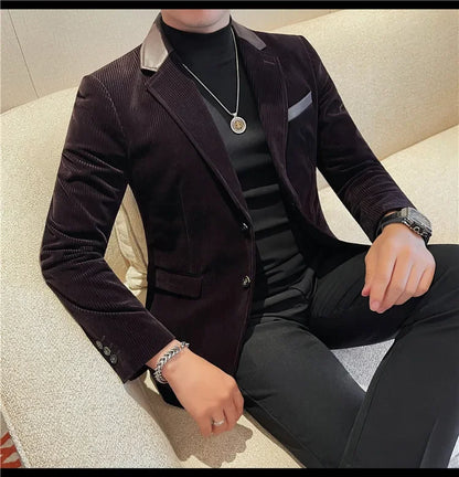 Autumn Winter Corduroy Suit Coat For Men Korean Elegant Slim Fit Business Formal Dress Coats Groom Wedding Tuxedo Suit Jacket