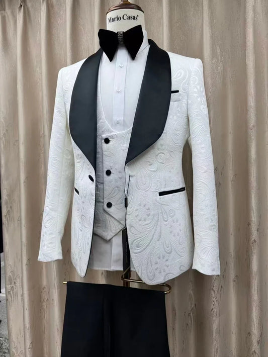 Elegant Man Jacquard Suit Set 3 Pieces Wedding Groom Sets High Quality Shawl Lapel Suits Host Costumes Handsome Tuxedo For Party