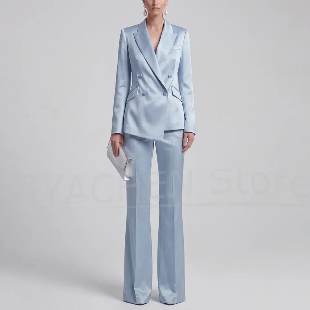 Fashion Satin Women Suit 2 Piece Peak Lapel Slim Wear Elegant Business Casual Party Chic Lady Formal Outfit (Jacket+Trousers)