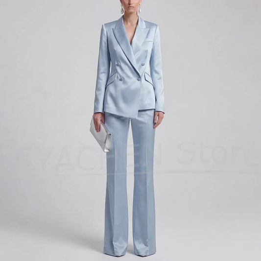 Fashion Satin Women Suit 2 Piece Peak Lapel Slim Wear Elegant Business Casual Party Chic Lady Formal Outfit (Jacket+Trousers)