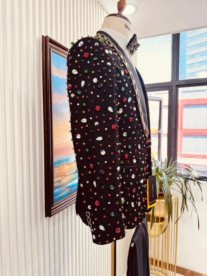 Men's Colorful Crystal Suits 3 Pieces Dancing Wear Shawl Lapel Slim Fit Suit Set Host Costumes Exquisite Man Tuxedo For Party
