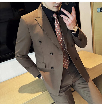 Men's Double Breasted Slim Fit Suit Set – Wedding & Smart Casual – Navy Blue, Brown, Black