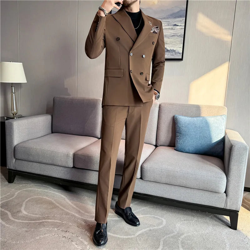 Brand Two-piece Suit for Men British Style Double Breasted Casual Business Suit Blazer Trousers Office Party Prom Wedding Suits