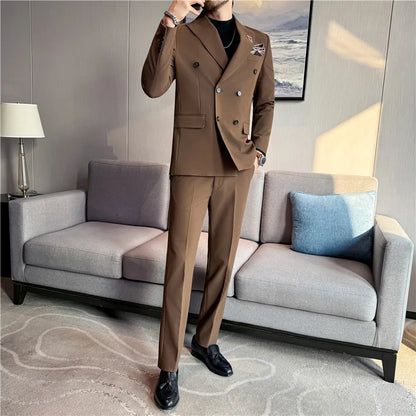 Brand Two-piece Suit for Men British Style Double Breasted Casual Business Suit Blazer Trousers Office Party Prom Wedding Suits