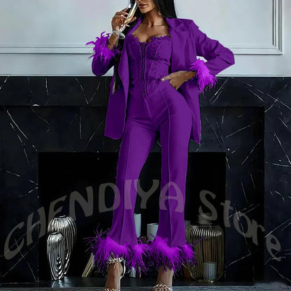 Women's Two Pieces Set Luxury 2026 Slim Fit Notch Lapel Glamorous Feather Blazer Formal Evening Party Tailored Made Outfit