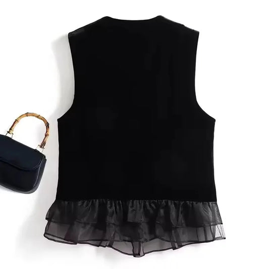 Gold Velvet Lace Splicing Sleeveless Tops 2026 Autumn Winter Elegant Women's Vest Coat Temperament Lady Waistcoat Jacket 5XL