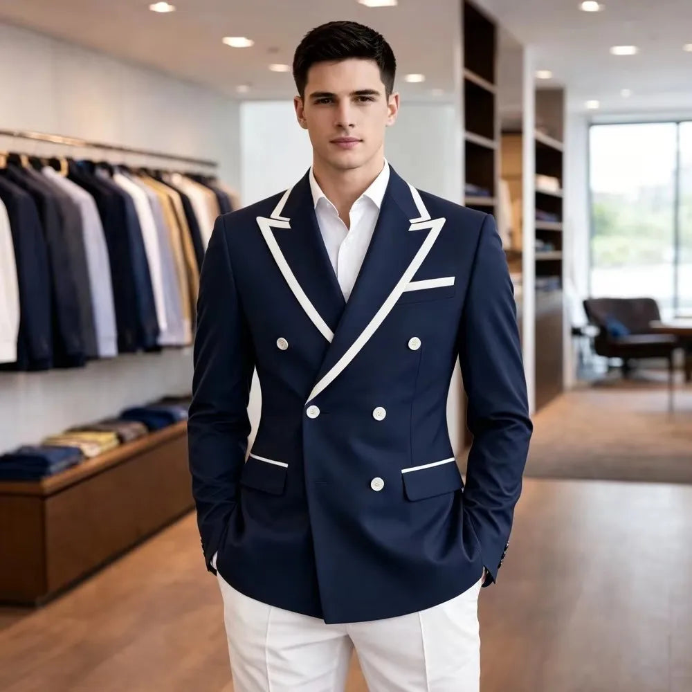 New Fashion Double Breasted Jacket for Men Peak Lapel Slim Fit Suit Blazer for Prom Party Wedding Business One Coat