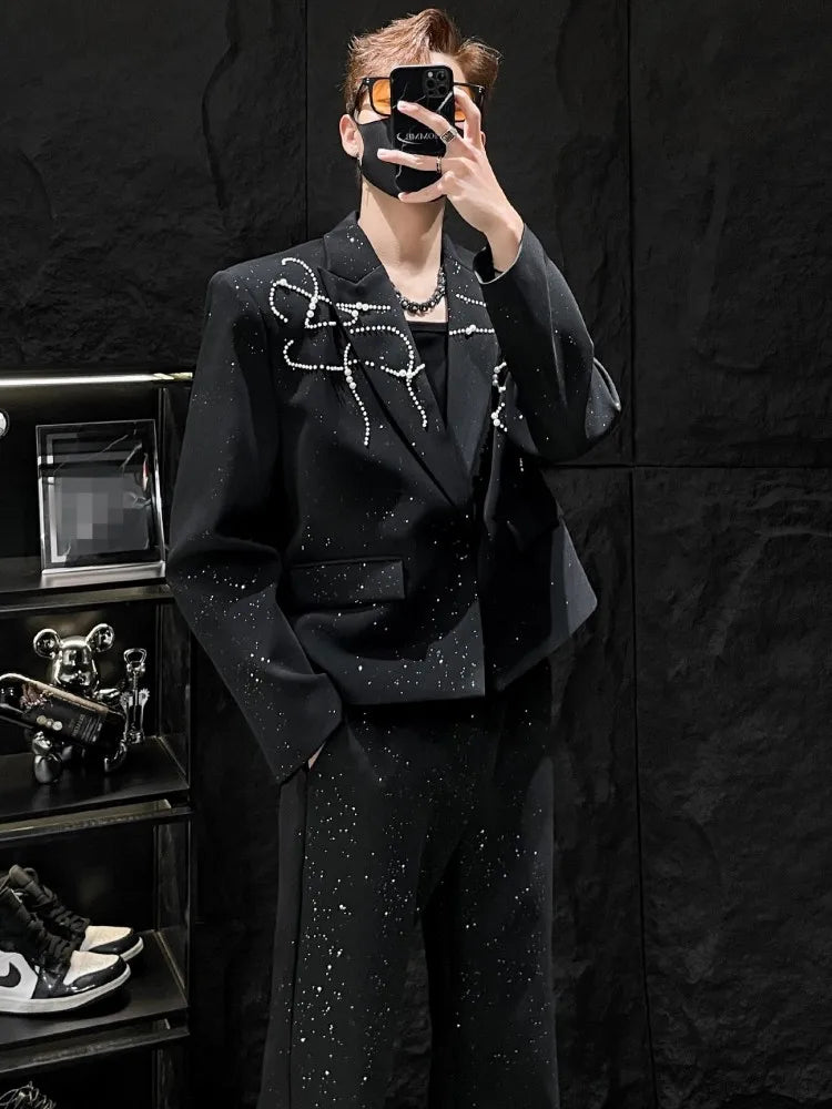 Party Mens Black Suits Sets Fashion Rhinestone Pearls Short Blazers Jacket High Waist Straight Pants Korean Style Two Piece Set