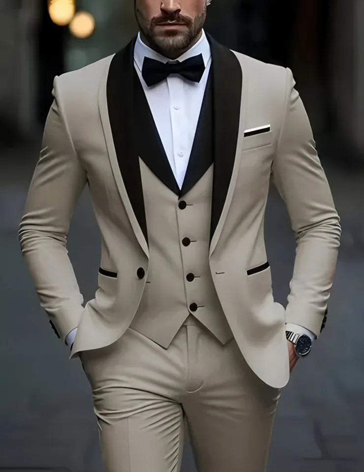 White Slit Mens Suits 3 Piece Black Shawl Lapel Casual Groom Tuxedos for Wedding Groomsmen Suits Men 2025 (Blazer+Vest+Pant)