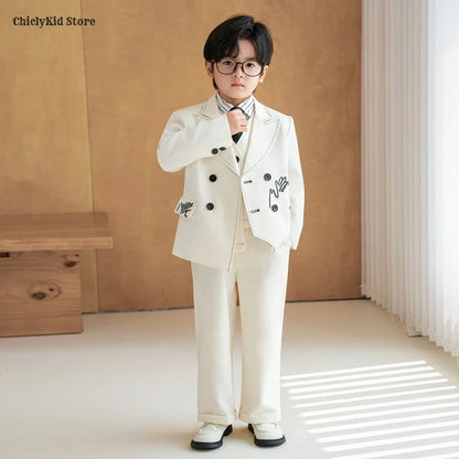 Boys Solid Double Breasted Blazer Jack Vest Pants Children Suit Waistcoat Wedding Clothes Sets Toddler Formal Dress Kids Tuxedos