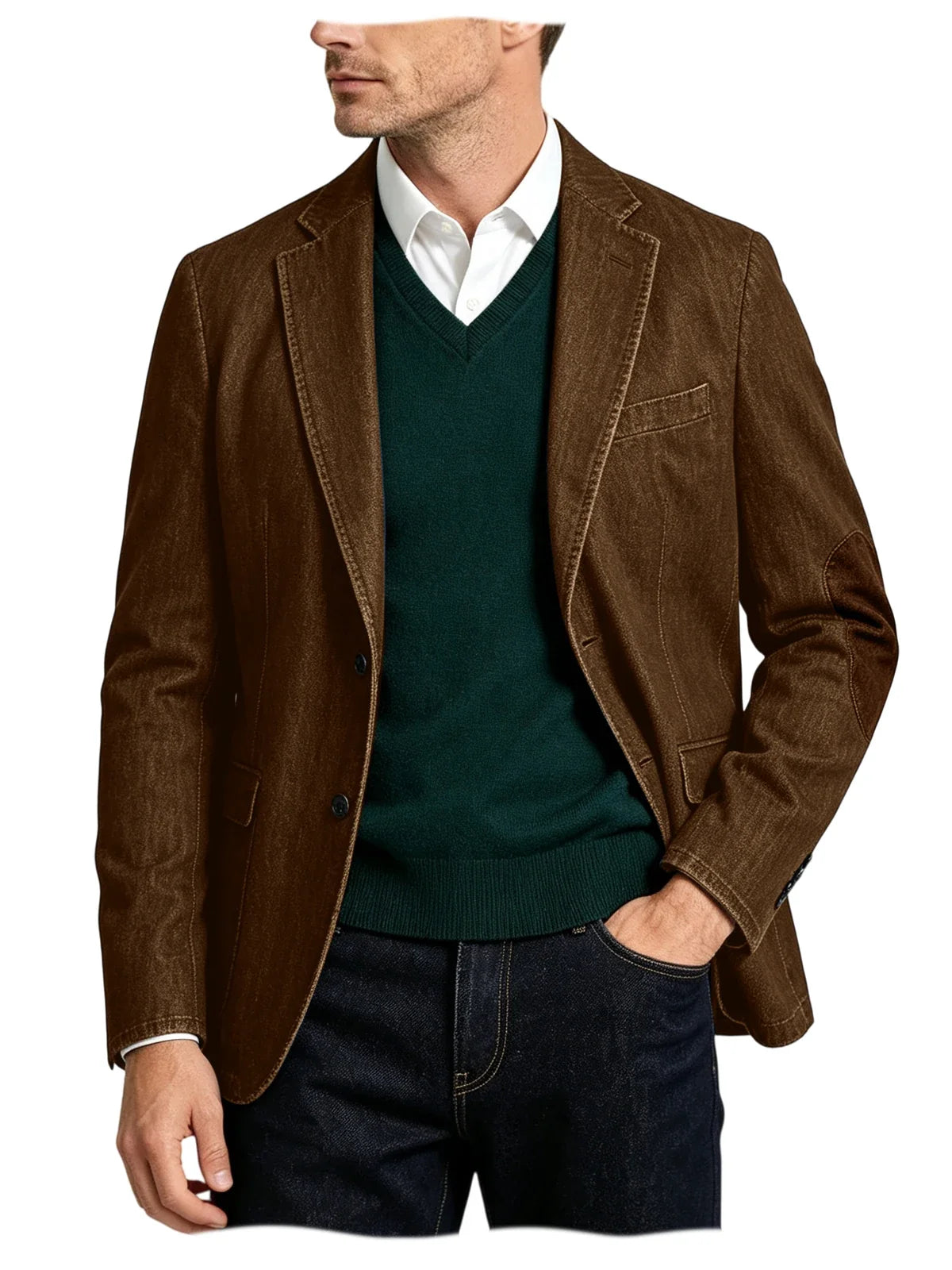 Men's Denim Blazer Suit with Suede Elbow Patches – Slim Fit, Casual & Business Wear