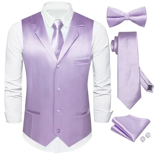 Men's Satin Waistcoat 5-Piece Set with Rose Gold Lapel – Vest, Necktie, Bow Tie, Pocket Square & Cufflinks