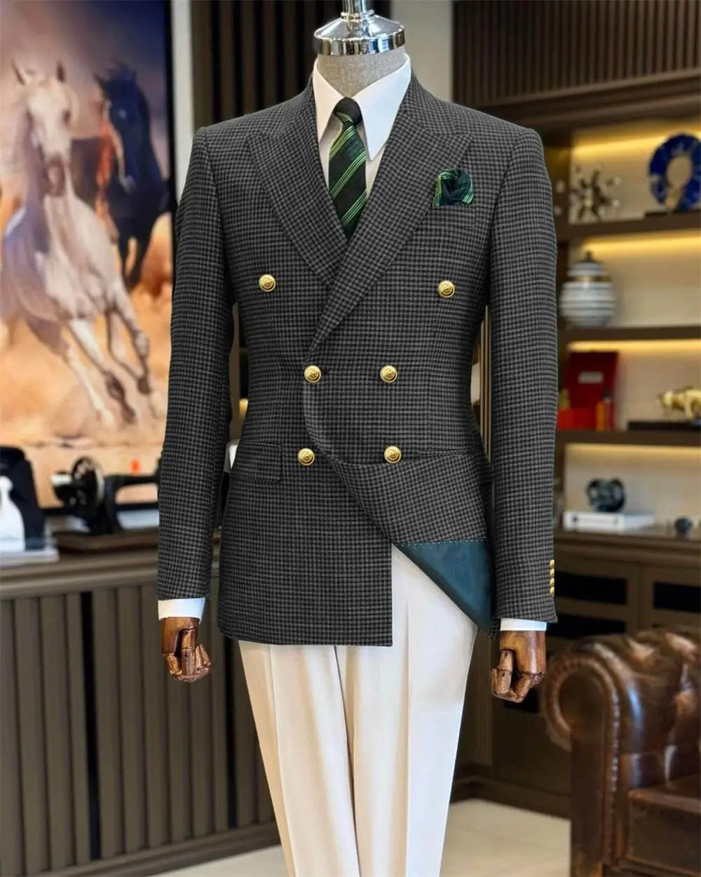 Black Men's Suit Jacket Houndstooth Peak Lapel Double Breasted Business Regular Fit Blazer Man plus size custom suit Coat
