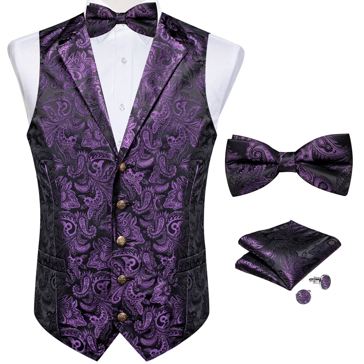Men's Paisley Suit Vest Set with Tie, Pocket Square & Cufflinks for Wedding & Formal Events