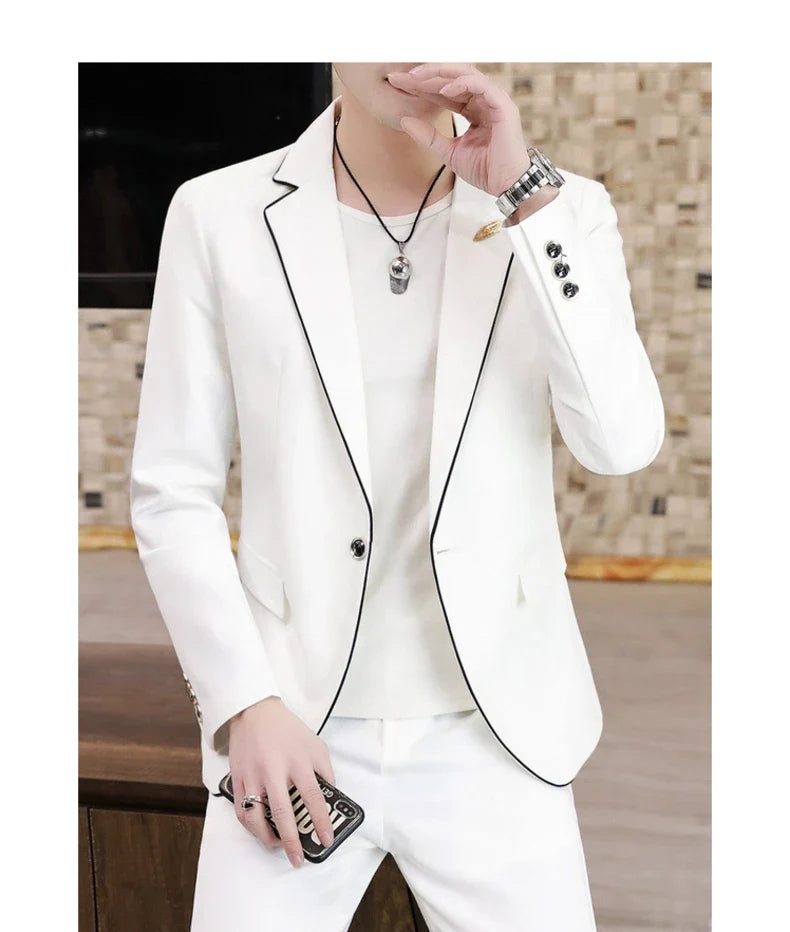 Men's Slim Fit Korean Style Two-Piece Suit Set – Smart Casual Polyester Suit for All Seasons