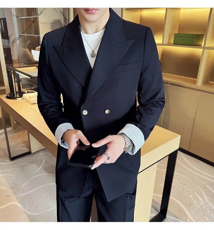 Korean Style Double Breasted Suit Jacket for Men Fashion Casual Business Suit Jackets Office Social Banquet Blazer Masculino