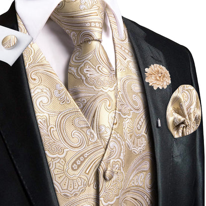 Men's Jacquard Waistcoat Suit Vest with Tie Hanky Cufflinks Brooch Set for Weddings and Business Events