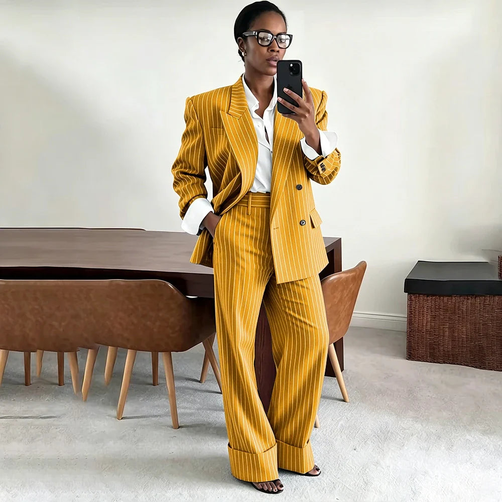 Neutral Gray Pinstripe Oversized Matching Sets Double Breasted Women's Suit Casual Formal 2-Piece(Jacket+Pants) Office Set