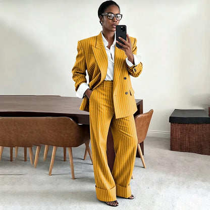 Neutral Gray Pinstripe Oversized Matching Sets Double Breasted Women's Suit Casual Formal 2-Piece(Jacket+Pants) Office Set