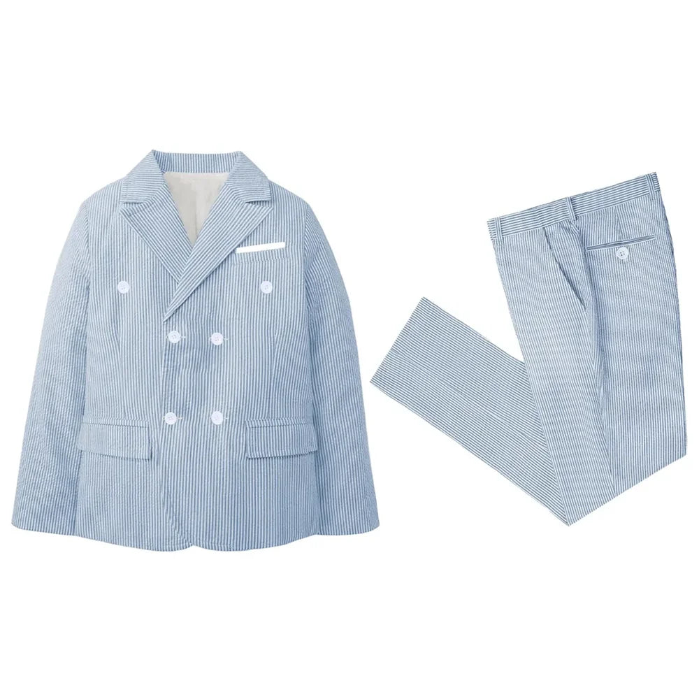 Seersucker Boy Suits 2 Piece Double Breasted Pinstripe Clothing Slim Fashion Breathable Casual Formal Wedding Party Kids Clothes