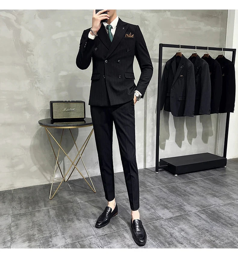 Slim Fit Double-breasted Striped Suit Vest Trousers 3-Piece Set Korean Fashion M-7XL Men's Fashionable Striped Three-piece Suit