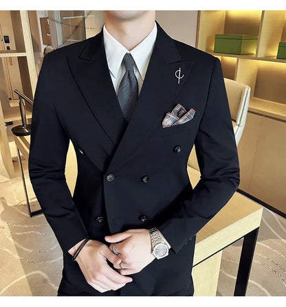 (Jackets +Pants ) Men's Suits 2 Piece High-Quality Double Breasted Lapel Solid Business Groom Wedding Tuxedo Banquet Clothing