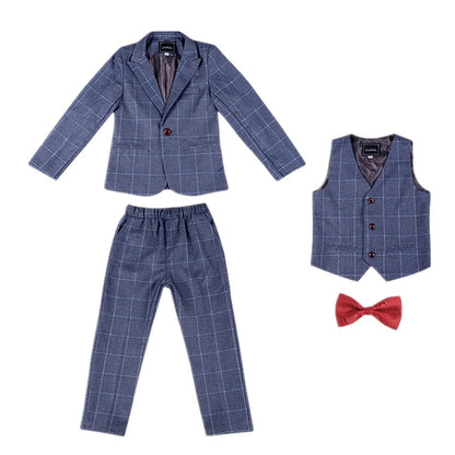 Boys Plaid 4Pieces Wedding Suit Set With Jacket Vest Pants Bowtie Kids Host Piano Performance Suit Children's Birthday Blazer