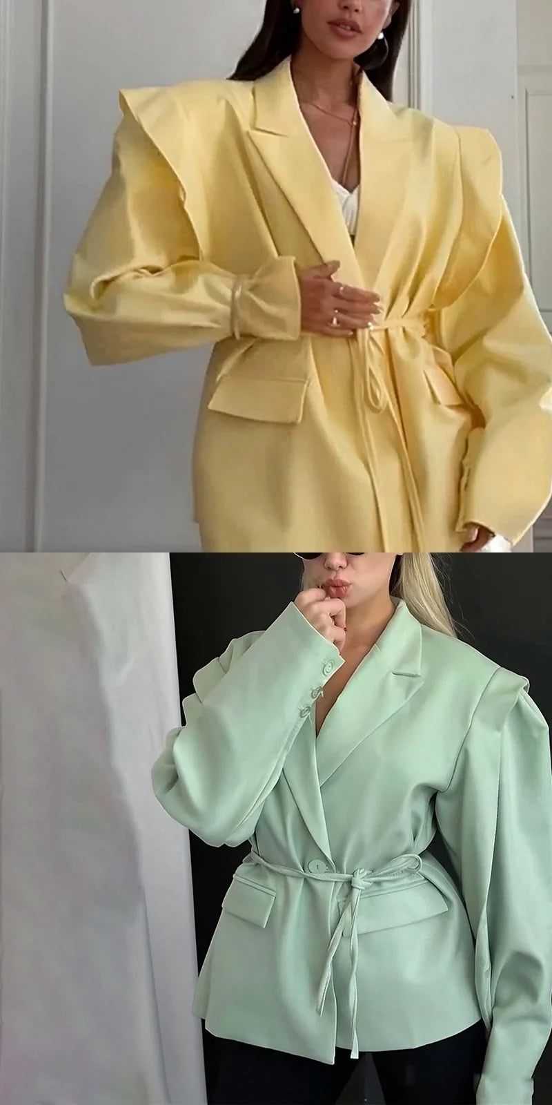 Spring Autumn Fashion Women's Pure Color Belted Shoulder Pad Suit Coat Commute Style Loose Fit Long Sleeve Regular Length