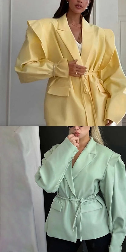 Spring Autumn Fashion Women's Pure Color Belted Shoulder Pad Suit Coat Commute Style Loose Fit Long Sleeve Regular Length