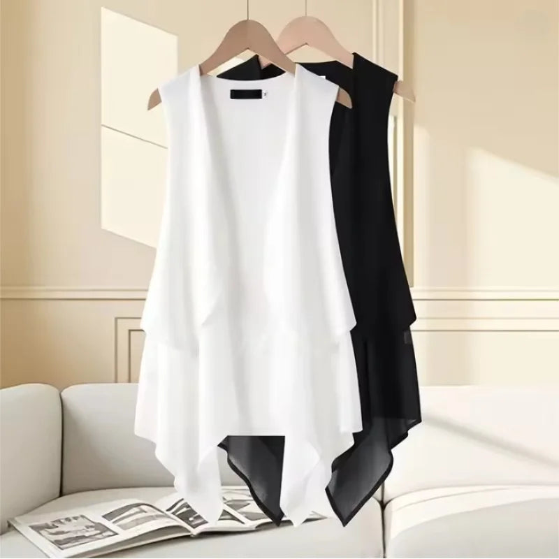 Korean Chiffon Mid-length Vest Women's Thin Coat 2026 New Summer Slim Sleeveless Suit Jacket Fashion Waistcoat Cardigan Tops