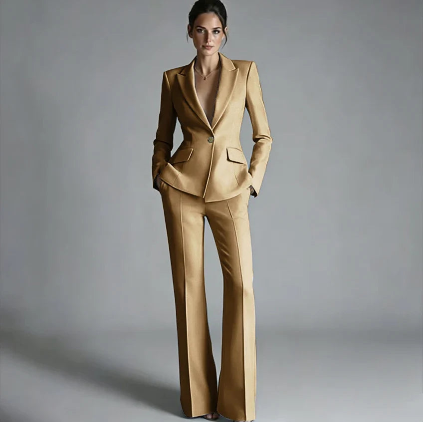 Elegant Women's One-Button Jacket+Pants Suit Set Classic Pink Peaked Lapel 2 Piece Formal Business Wedding Guest Outfit