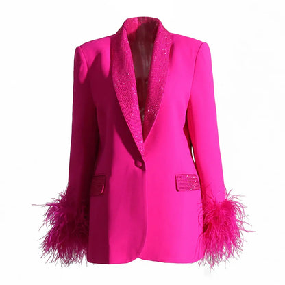 Spring Autumn New Women Blazer Turn-down Collar Studded Diamonds Single Button Cuff Spliced Feather Luxury Ins Coat HK16316