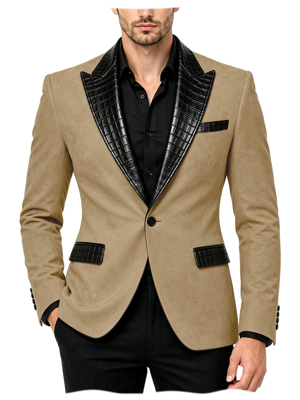 Men's Suede Slim Fit Blazer Jacket Crocodile Pattern Lapel Design Suit Coat Formal Business Prom Wedding Party Tuxedo Outerwear