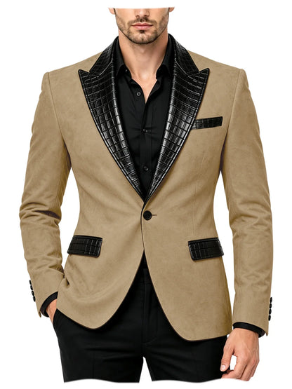 Men's Suede Slim Fit Blazer Jacket Crocodile Pattern Lapel Design Suit Coat Formal Business Prom Wedding Party Tuxedo Outerwear