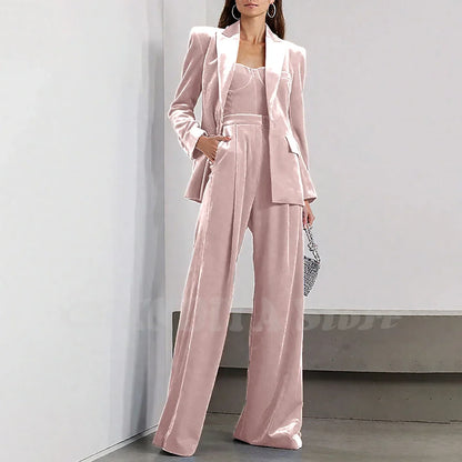 Velvet Women Pants Sets 2 Piece Fashion Peak Lapel Single Breasted Wear Chic Party Casual Office Lady Suits (Blazer+Pants)