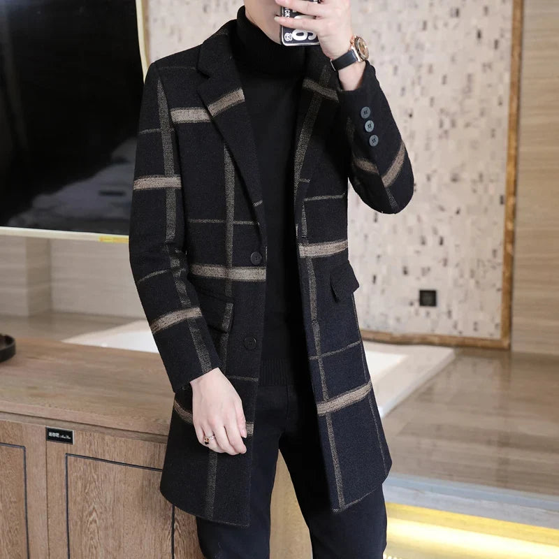 Korean Fashion Woolen Coat Men's Mid-Length Slim-Fit Trench Youth Business Casual 2023 Autumn Winter New Style