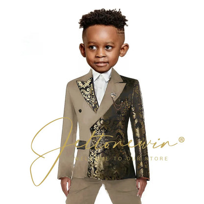 Black And Gold Floral Wedding Boys Suit Double Breasted Formal Kids Blazer Set Party Dress Child Tuxedo Jacket Pants 2 Piece Set