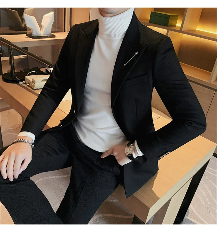 Autumn Pin Decoration Men Blazers Casual Suit Jacket Single Breasted Streetwear Social Business Dress Coat Wedding Groom Jacket