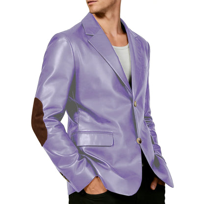 Men's Shiny Leather Blazer with Suede Elbow Patches Slim Fit 2-Button Notch Lapel Suit Jacket Streetwear Casual Party Sport Coat
