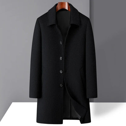 High-quality men's fashionable, stylish and versatile solid-color casual long woolen overcoat, wool woolen overcoat